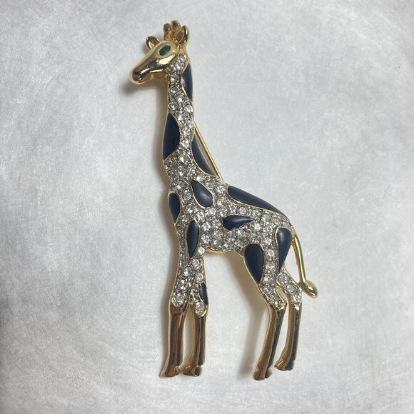 Vintage Gold Tone Giraffe Brooch with White Rhinestones and Black Enamel - Picture 1 of 6